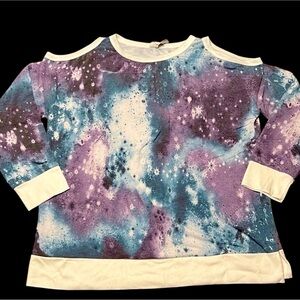 Boutique honey me brand celestial galaxy purple blue white open shoulder top m/L